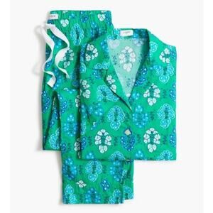 J.Crew Cropped Short-Sleeve Top & Pant Pajama Set Sz M Green Blue Floral Cotton